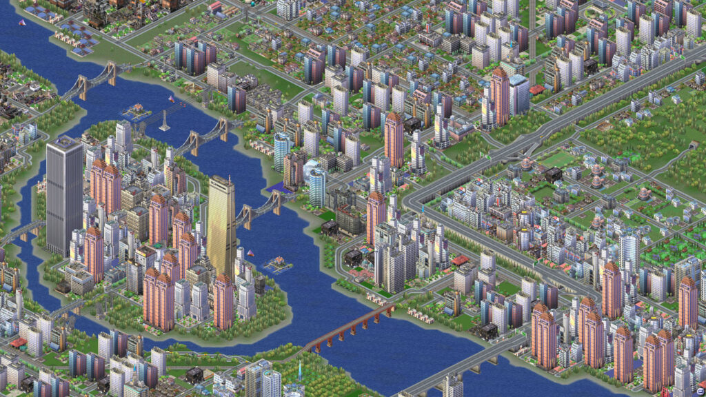 Multiple islands filled with skyscrapers, surrounded by greenery. A screenshot from SimCity 3000.