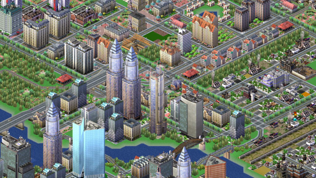 Skyscrapers, factories and smaller residential buildings. A screenshot from SimCity 3000.