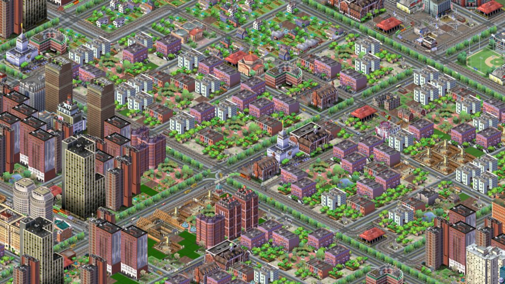 Many blocks of residential buildings, from apartment complexes to smaller homes. A screenshot from SimCity 3000.